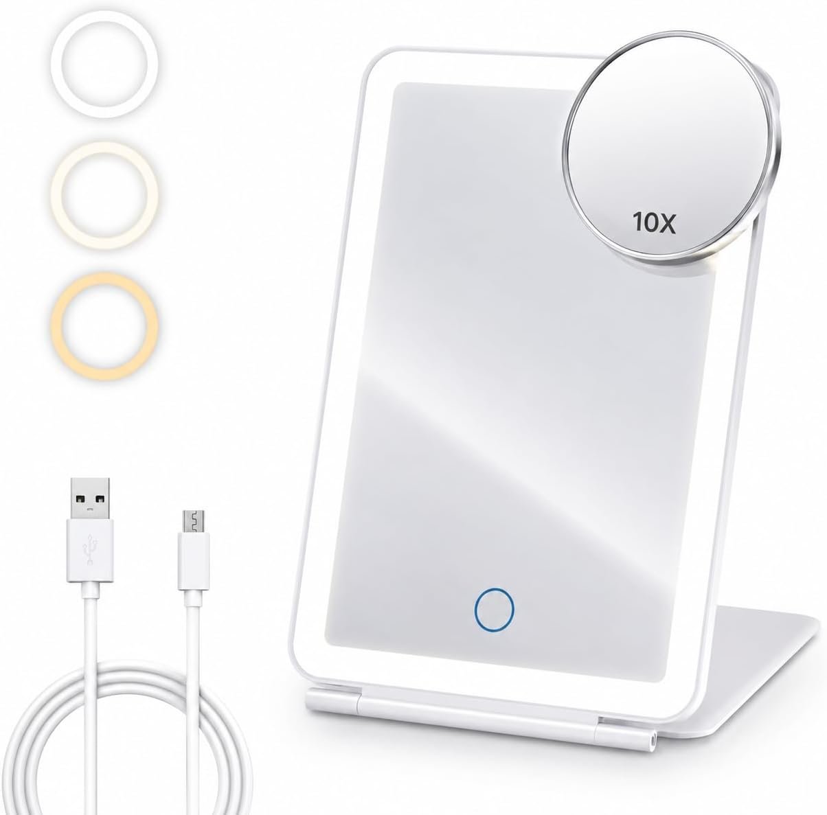 51t7DHNGw1L._AC_SL1254_ Rechargeable Travel Makeup Mirror with Lights, Portable Lighted Vanity Mirror with 10X Magnifying Mirror, 72 LED Lights, 1000mAh Battery, 3 Color Modes, Touch Dimmable Mirror for Desk & Travel - Image 1