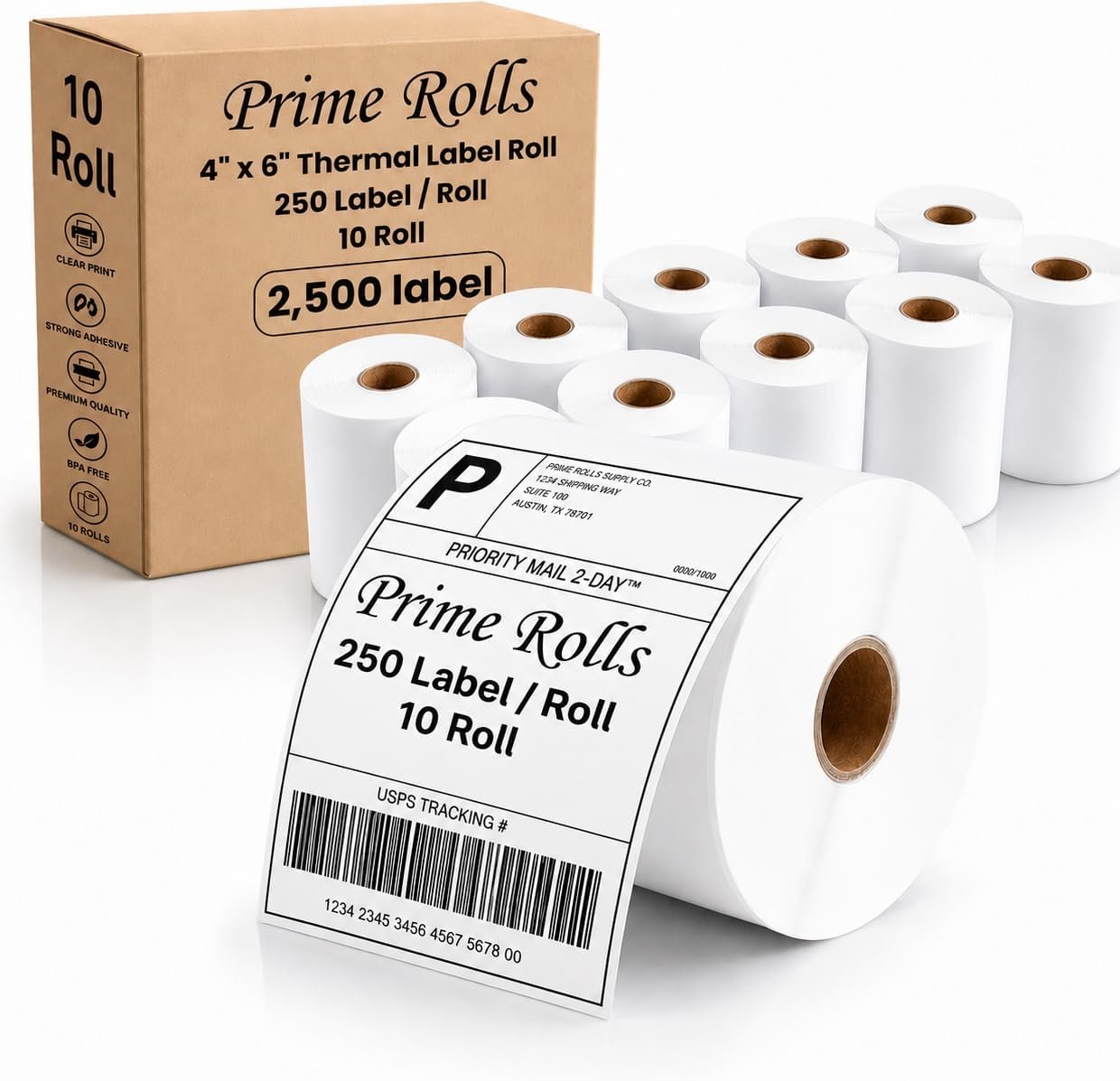 61iSoB6xK8L._AC_SL1269_ 4” x 6” Direct Thermal Shipping Labels – 2500 Labels (10 Rolls, 250/Roll) Water & Oil Resistant, Permanent Adhesive – Compatible with Zebra, Rollo & Similar Printers (Not for DYMO) (10 Rolls) - Image 1
