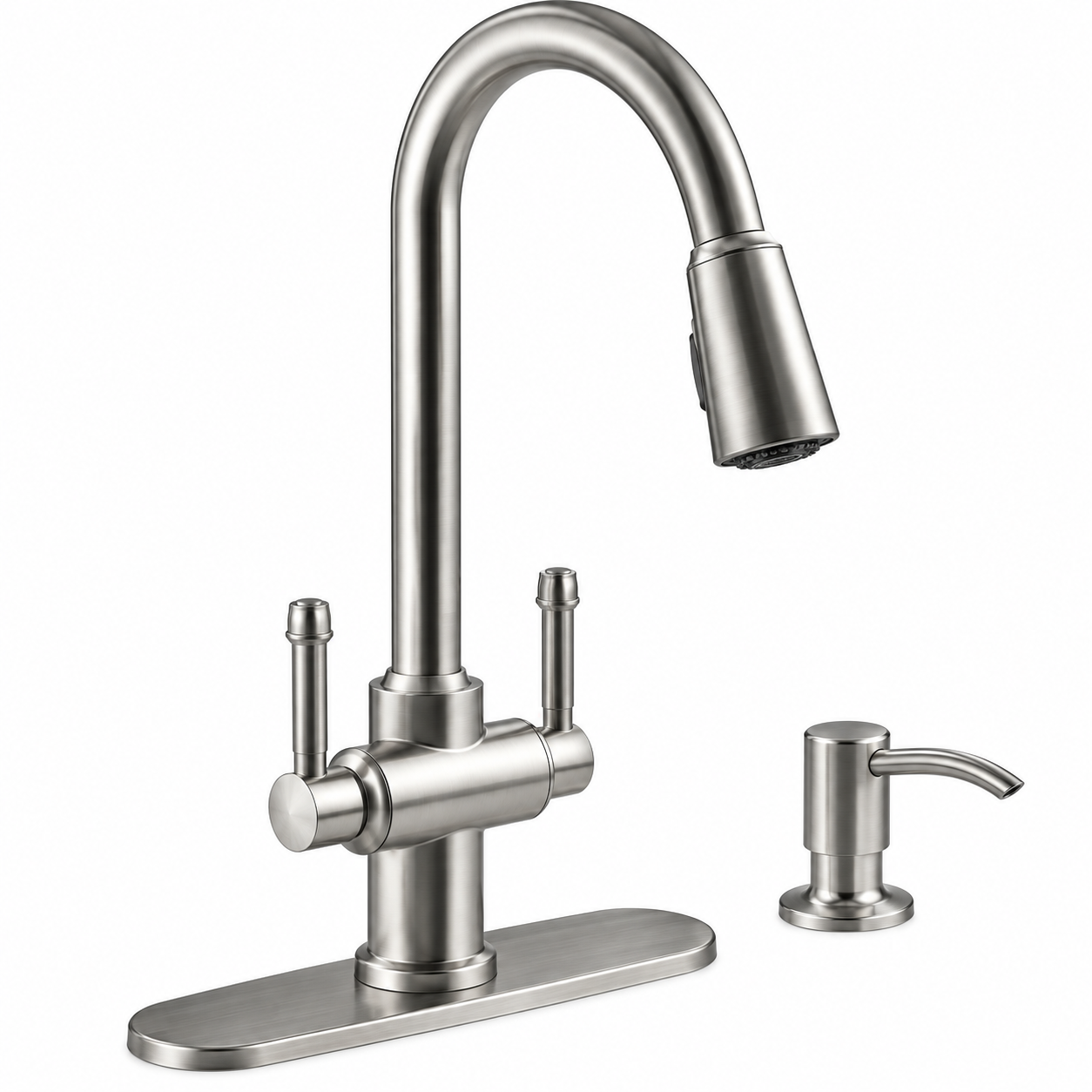 Kholer Image Thierry-Two-Handle-Pull-Down-Sprayer-Kitchen-Faucet-with-Soap-Dispenser-in-Vibrant-Stainless-by-Kohler - Image 1
